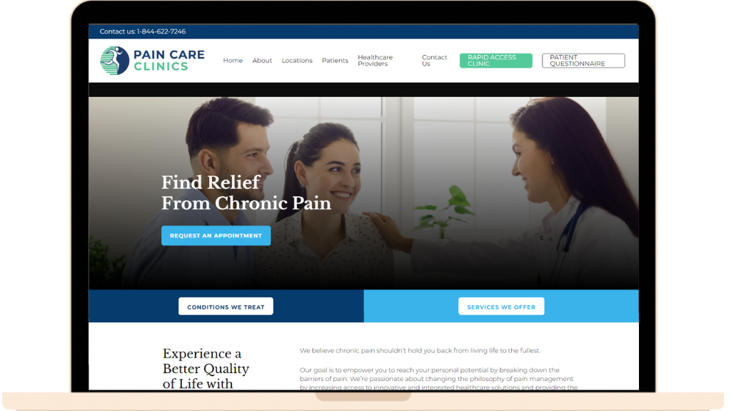 Homepage of the Pain Care Clinics Website