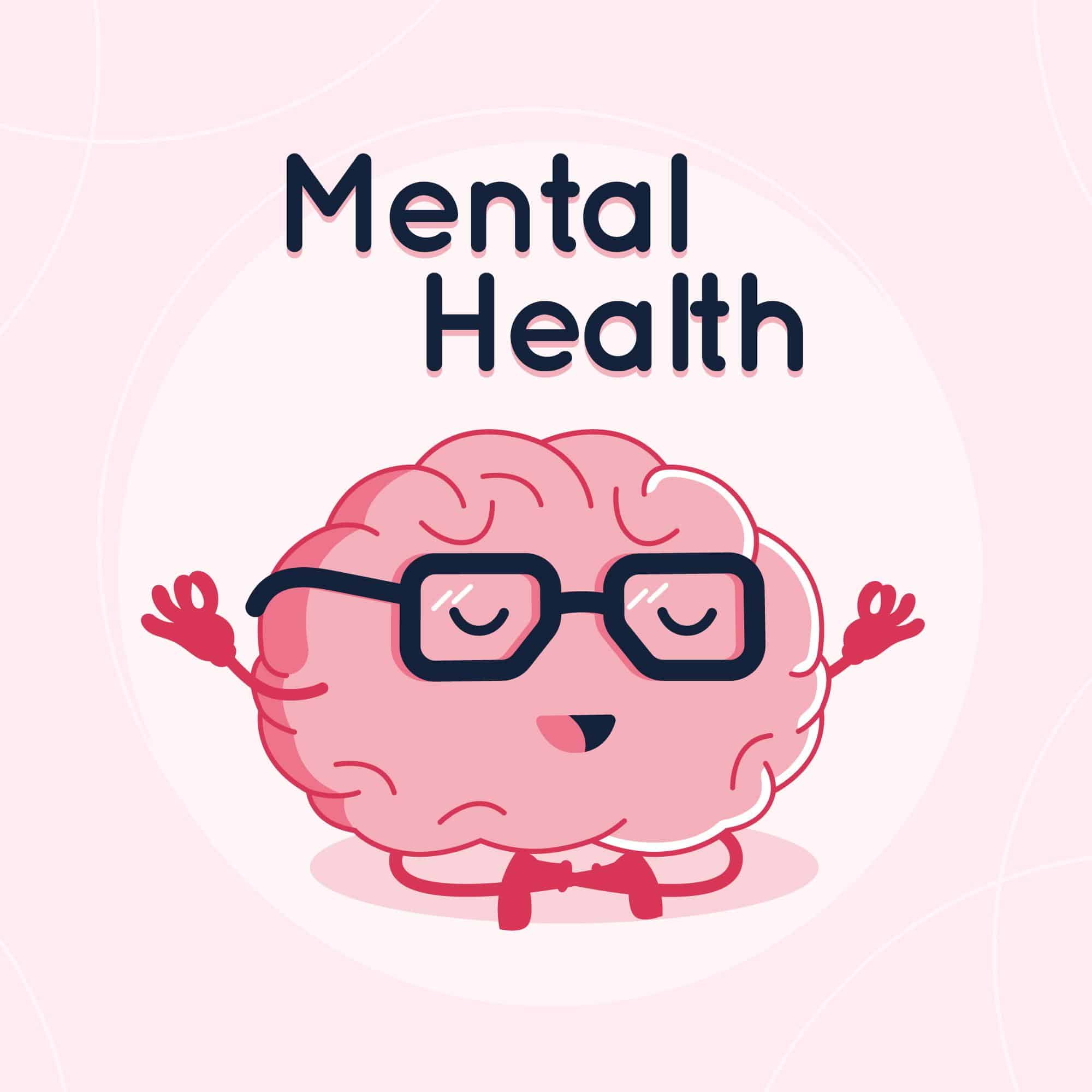 image of a pink happy brain wearing glasses