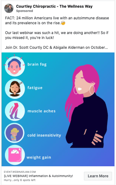 Vector graphic of woman with pink hair, blue background and list of symptoms with icons.