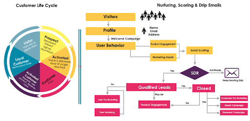 Colour coded customer life cycle wheel that matches with the stages of the flow chart.