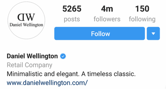 Daniel wellington instagram profile with four million followers and concise bio