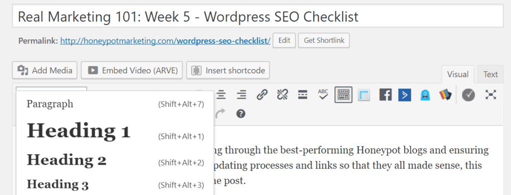Menu for H1s, H2s, H3s in the WordPress SEO Checklist