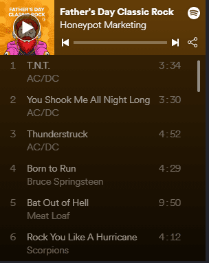 - marketing digital para empresas en crecimiento a través del honeypot marketing Spotify playlist for Father's Day showing a list of classic rock songs.