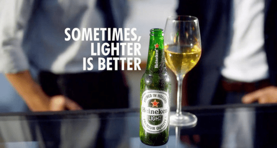 bad heineken commercial with light beer stating that sometimes lighter is better