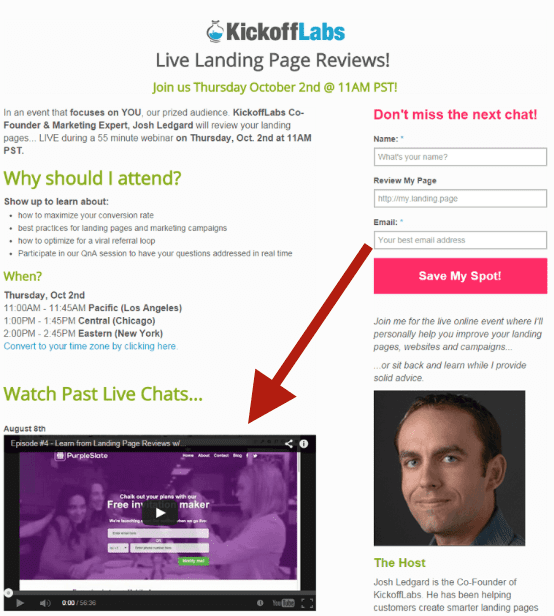 Landing page with mix of text, video and imagery promoting live landing page reviews. 