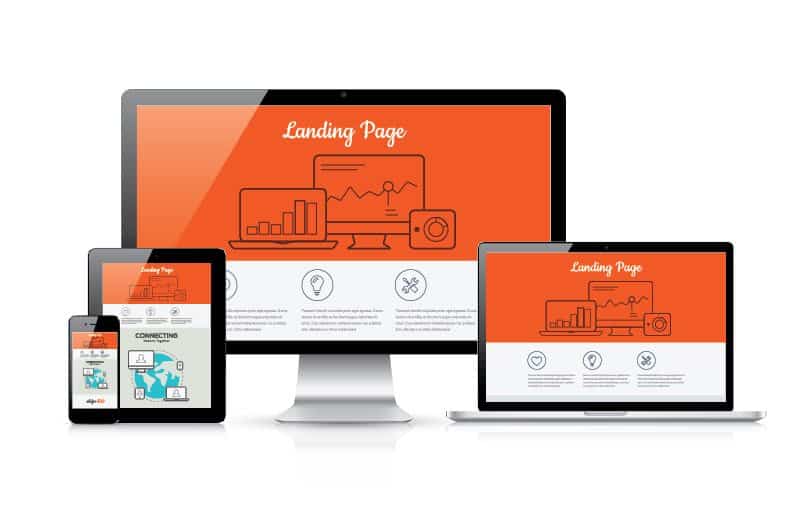 Landing page template displayed across monitor, laptop, tablet, and phone, scaled for size.
