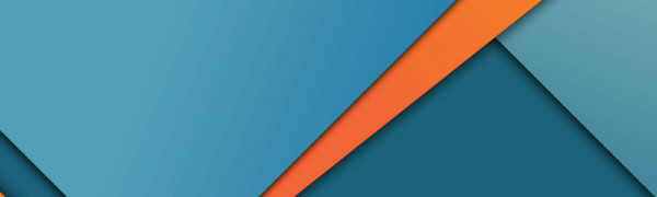 Material Design example with various shades of blue and streaks of orange layered into design.