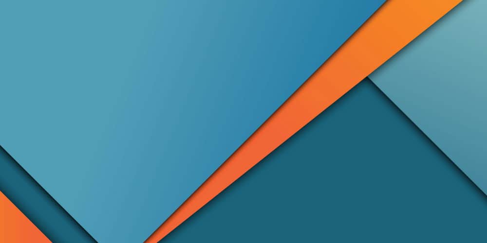 Material Design example with various shades of blue and streaks of orange layered into design.