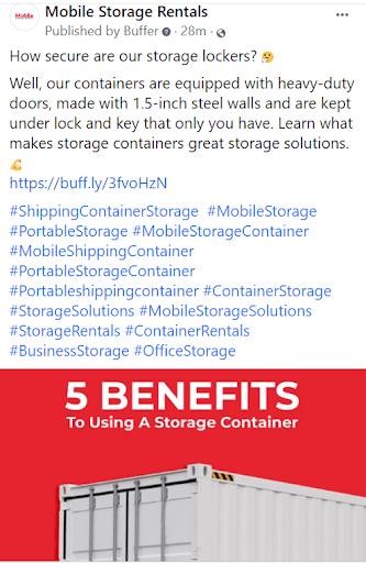 Mobile Storage Rentals social post that links to a blog for more info. 
