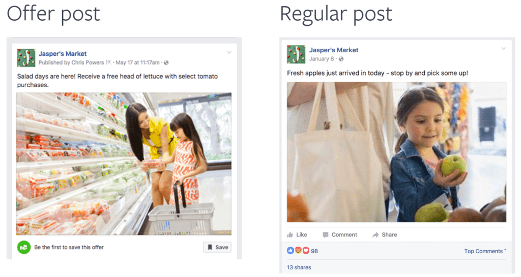 Picture of a facebook offer ad compared to a traditional ad