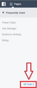 select "all tools" under the facebook page manager dropdown menu