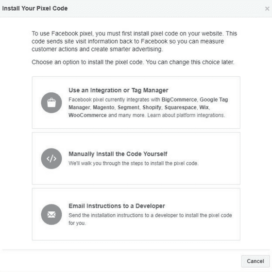 click "manually install the code yourself" to install a facebook pixel