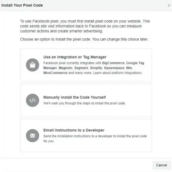 - marketing numérique pour les entreprises en croissance par honeypot marketing cliquez sur « installer manuellement le code vous-même » pour installer un pixel Facebook