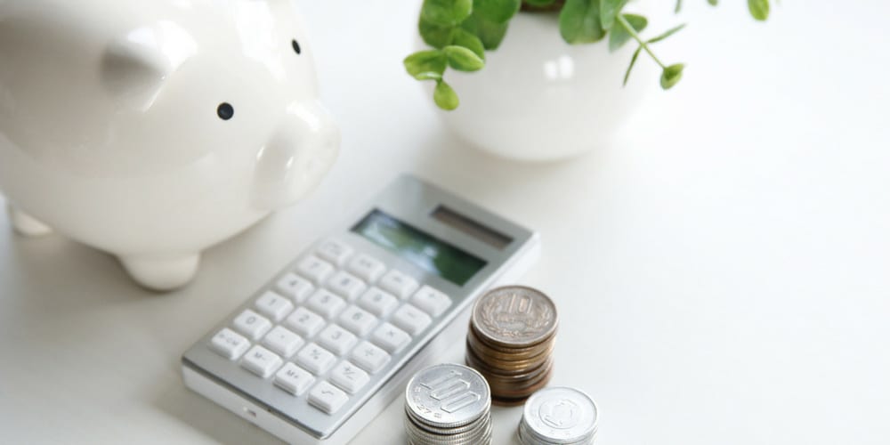 calculator, piggy bank, stacked coin piles, and a plant in a white jar representing bare essentials of small business accounting best practices.