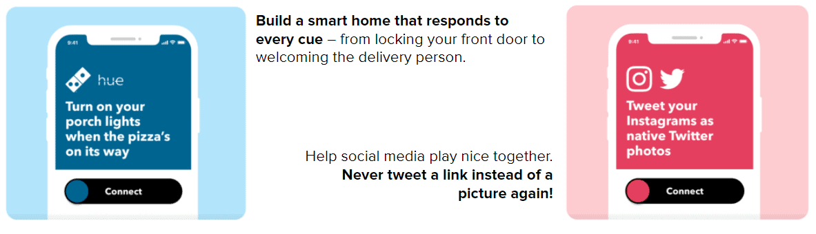 Examples in red and pink boxes of what IFTTT can do.