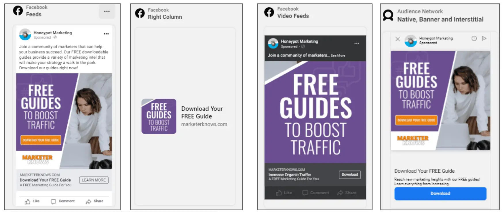 - digital marketing for growing businesses by honeypot marketing 4 examples of ad placment option for Facebook campaigns.
