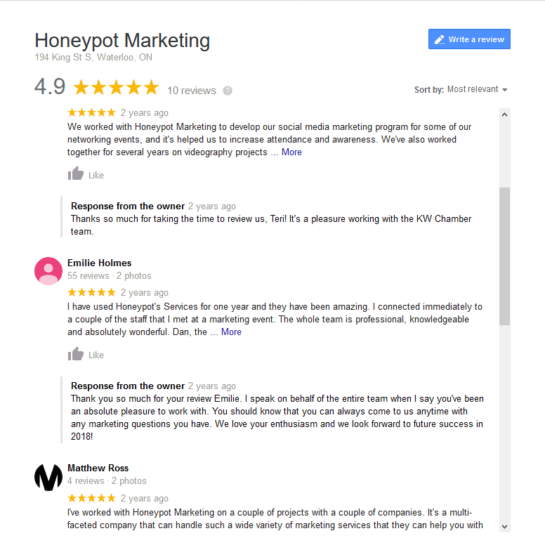 Honeypot Marketing Google My Business reviews