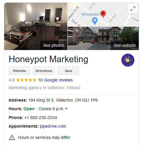 GMB listing for Honeypot Marketing