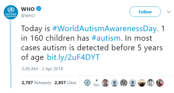 world health organization tweet regarding world autism awareness day