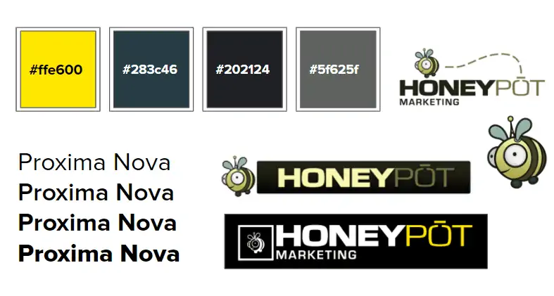 - marketing digital para empresas en crecimiento a través del honeypot marketing Pautas de marca para marketing honeypot, mostrando fuentes, colores y logotipo.