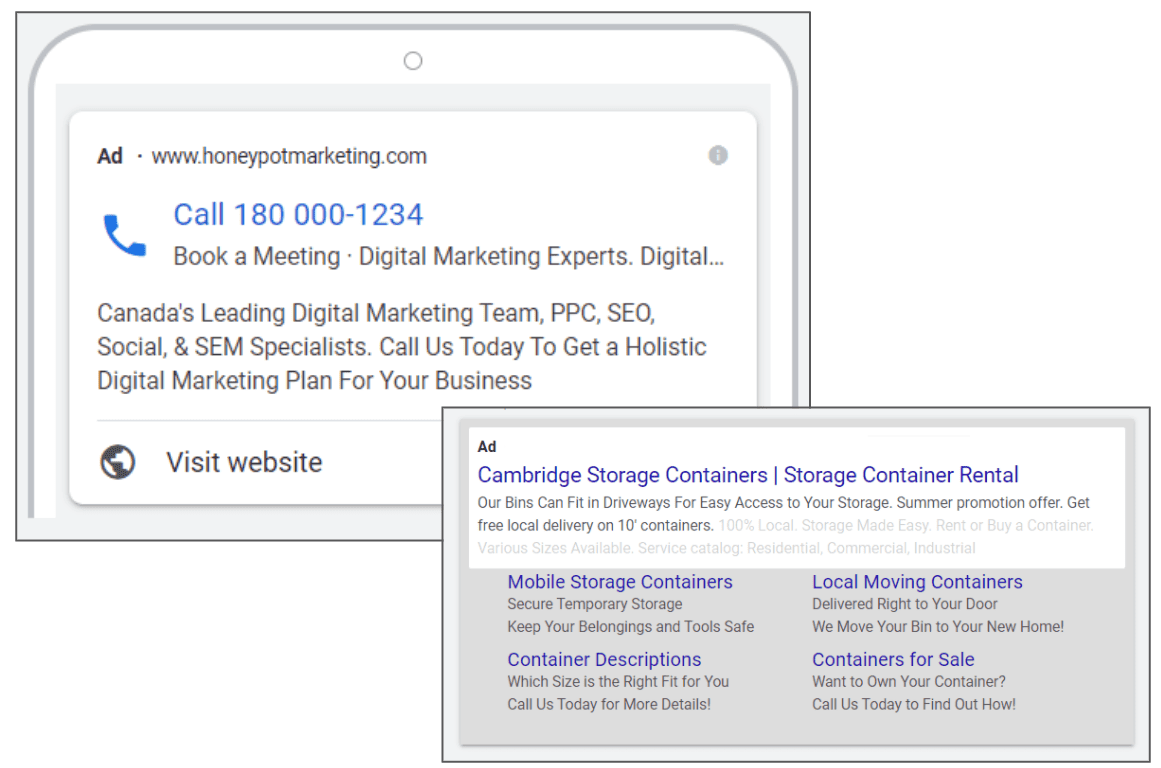 Examples of Google's call only ads.