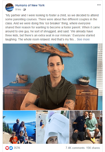 Example of storytelling on Facebook showing a collage of photos and long story.