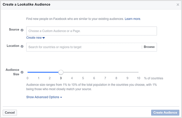Screenshot of facebook lookalike audience creation window.