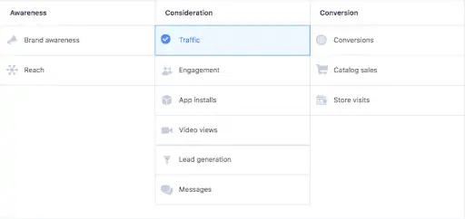 - digital marketing for growing businesses by honeypot marketing Screen of Facebook ad objectives creation window.