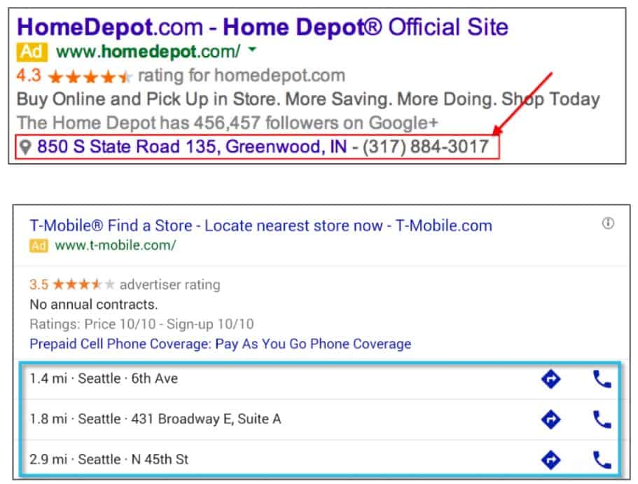 Screenshot of google local ads extensions
