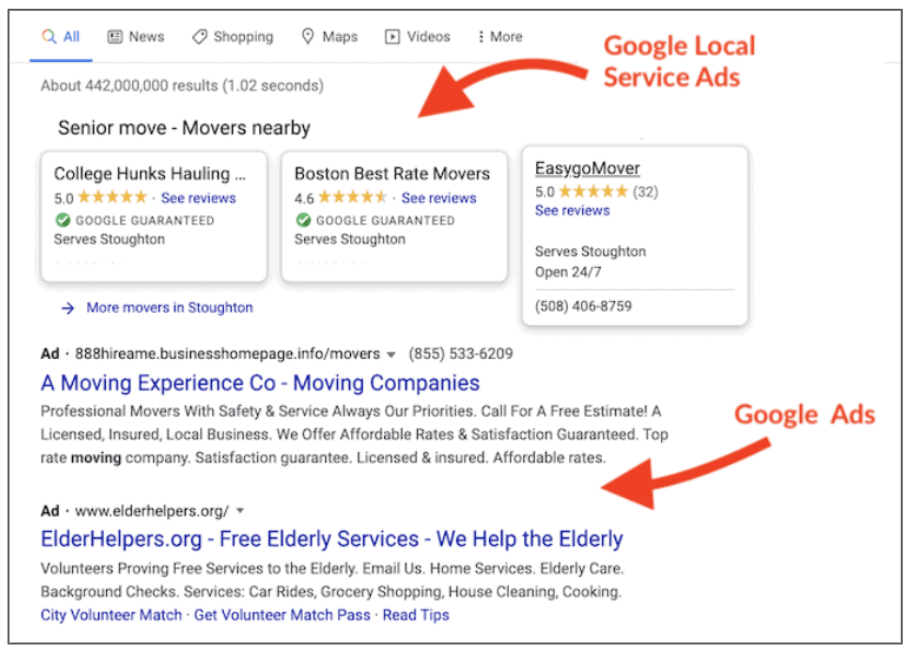 Screenshot of a Google search showing google local service ads.