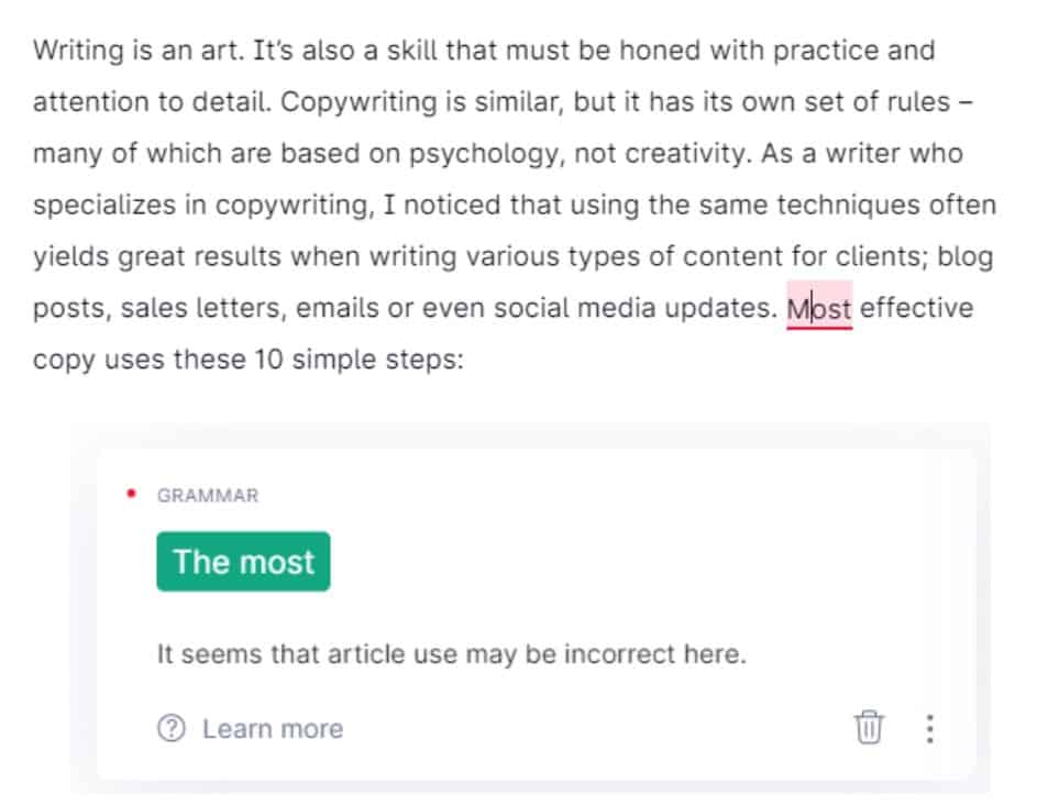 Screenshot of Grammarly tool for copywriting