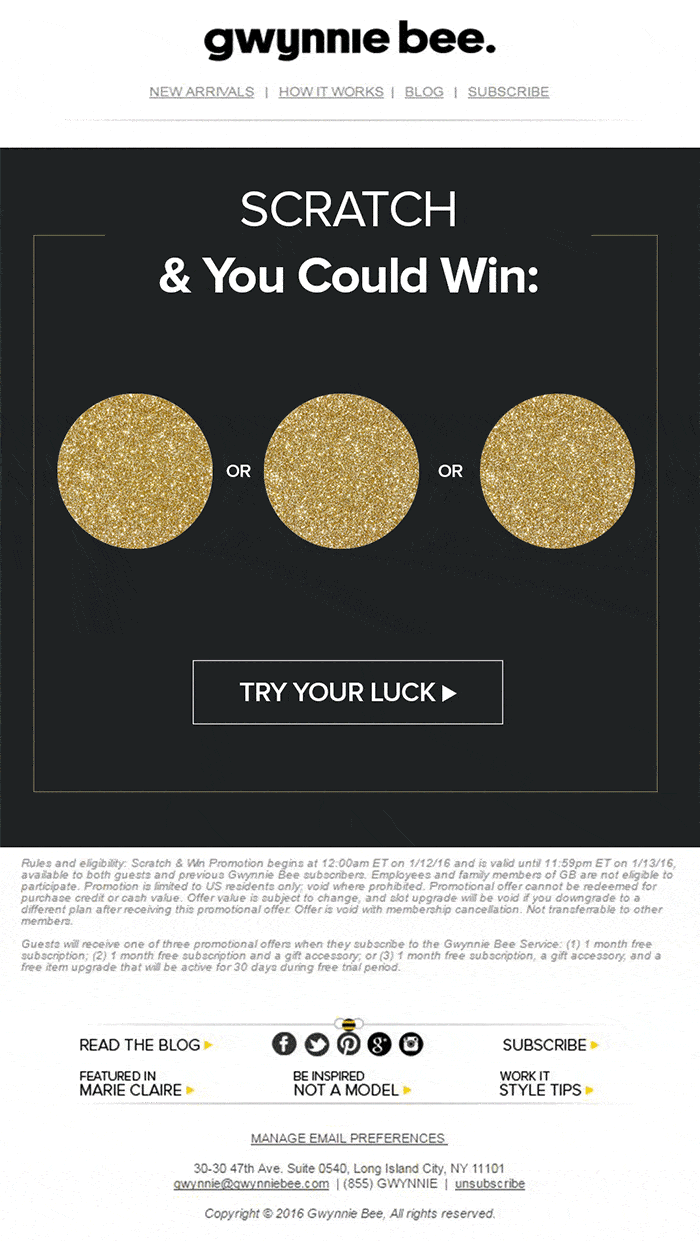 Black animated scratch and win card with 3 gold circles to scratch for beauty products.