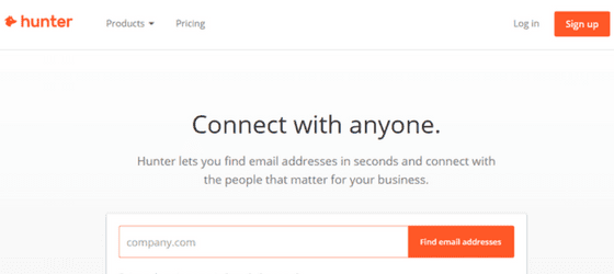 hunter.io home page which is used for inbound marketing to find employees email addresses