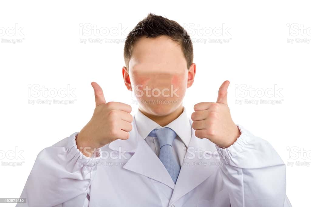 A boy doctor without face in white coat making thumbs up as success gesture. 