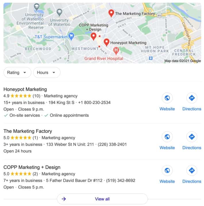 Local SEO search ranking screenshot snippet.