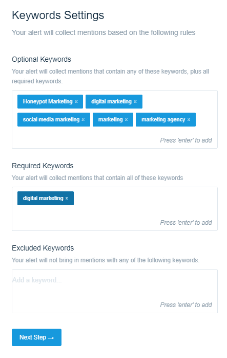 screenshot of mention.com step by step keyword search