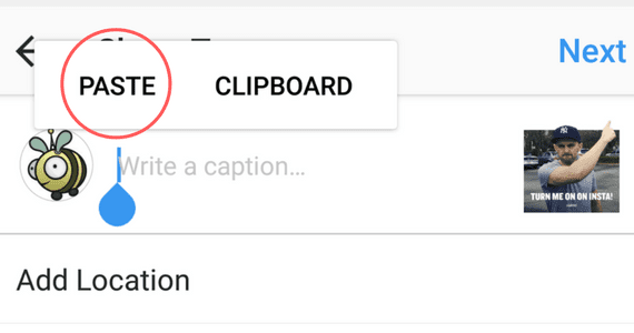 Paste the copied Instagram caption back into the caption when reposting a photo