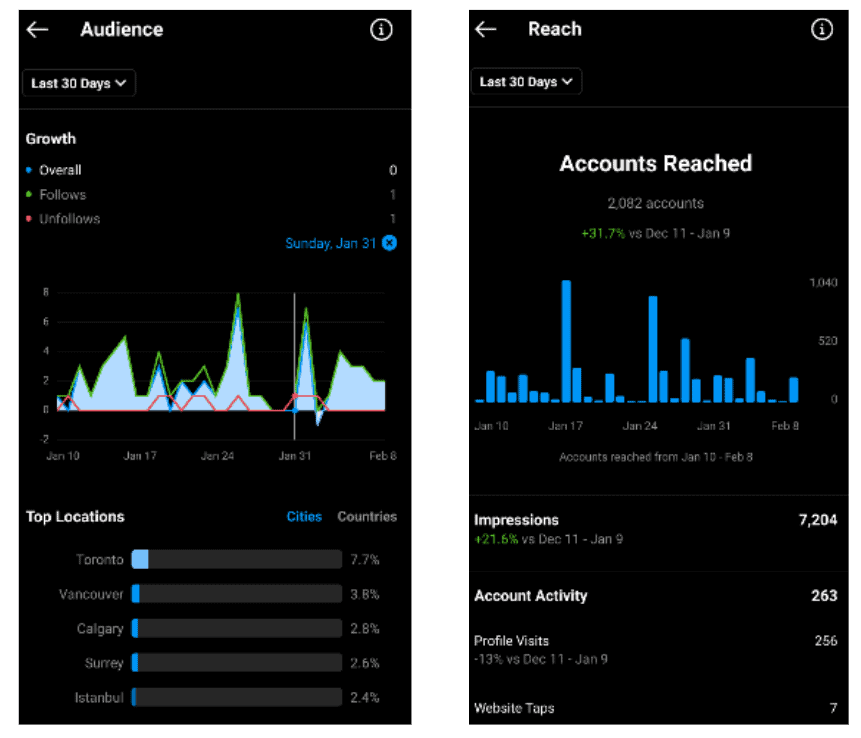 Screenshot of Instagram analytics.