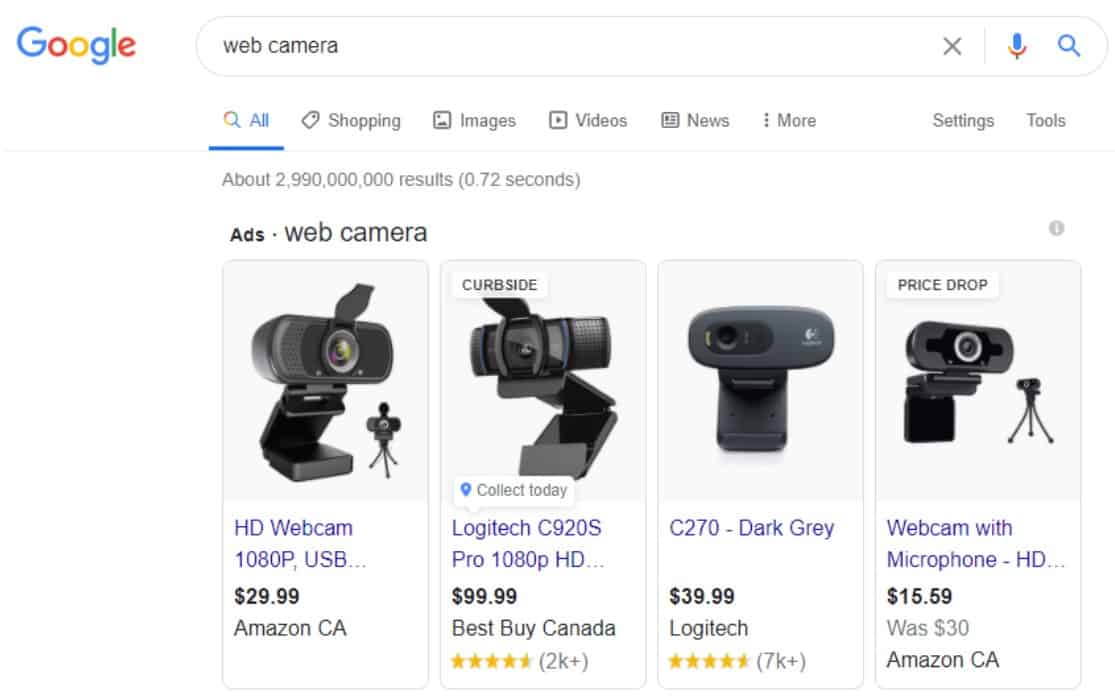 Screenshot of Google ads showing webcams