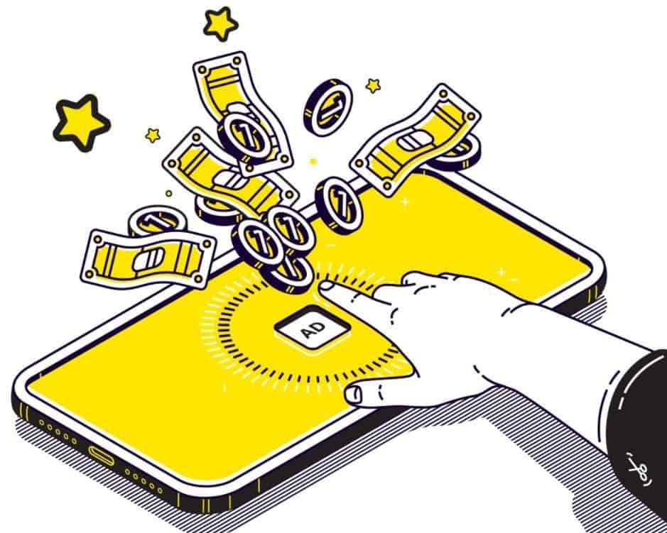 Vector image of hand touching a phone and money flying out.