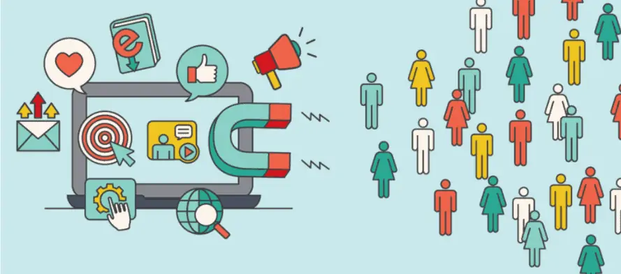 - digital marketing for growing businesses by honeypot marketing graphic of group being drawn by giant magnet into screen.