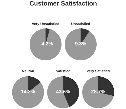 Customer satisfaction graph with 5 circles showing varying degrees of satisfaction through percentages.