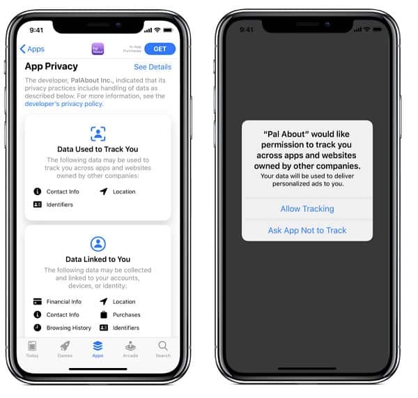 Image of an iPhone showing iOS 14 privacy pop-up.
