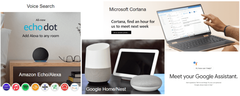 Image of voice search devices, Amazon Echo/Alexa, Google Home/Nest, Microsoft Cortana.